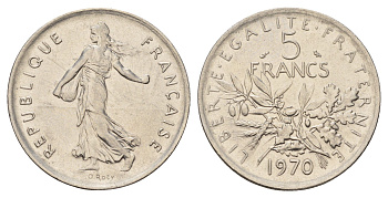Франция 5 франков 1970 сеятель, тип Semeuse KM 926a.1, Le Franc 341.2 медно-никель плакированный никелем 3459-827