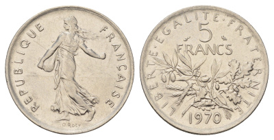 Франция 5 франков 1970 сеятель, тип Semeuse KM 926a.1, Le Franc 341.2 медно-никель плакированный никелем 3459-827