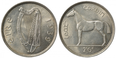 Ирландия 1/2 кроны 1939 лошадь KM 16 серебро aUNC 00-804-40
