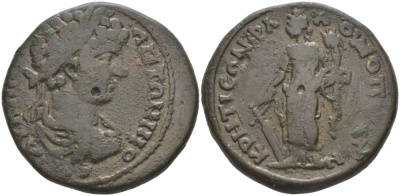 Римская Империя, Провинция Вифиния, Кратея-Флавиополь АЕ 211 - 217 Каракалла, бюст императора / Тихе с корабельным рулем и рогом Изобилия, 12,24 гр, RRR медь 1073-22-35