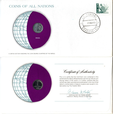 Бразилия 1 сентаво 1969 конверт с маркой первого дня гашения, Coins of Nations KM 575.2 нержавеющая сталь UNC 4294-67-1
