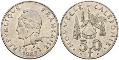 Французская Новая Каледония 50 франков 1987 хижина среди сосен и пальм, (IEOM) KM 13, Schoen 15, Lec 121 никель 4120-716