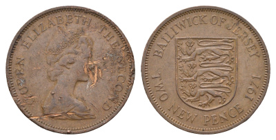 Джерси 2 новых пенса 1971 герб, Елизавета II (1952-2022) KM 31 бронза 210-832