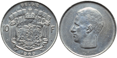 БЕЛЬГИЯ 10 ФРАНКОВ 1969 BELGIE, БОДУЭН I (1951-1993) KM 156.1 никель 4385-726