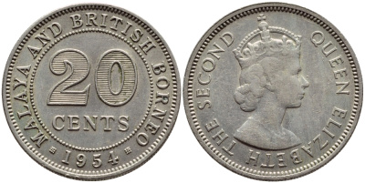 Малайя и Британское Борнео 20 центов 1954 Елизавета II (1952-2022) KM 3 медно-никель 4395-111