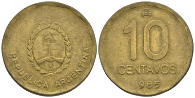 Аргентина 10 сентаво 1985 герб KM 98, Schon 98 латунь    60-1035