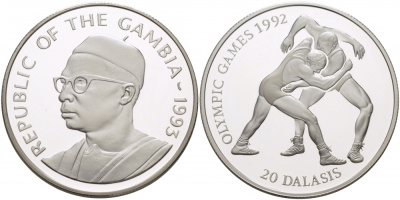 Гамбия 20 даласи 1993 Олимпийские игры 1992 года в Барселоне, борьба, тираж 40000 экз. KM 33 серебро PROOF 11-011-24
