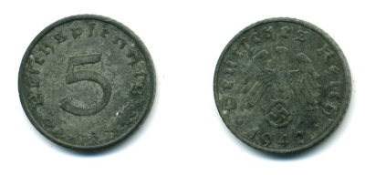 ГЕРМАНИЯ 5 РЕЙХСПФЕННИГОВ 1942 A, KM 100, J. 370 цинк 54-443
