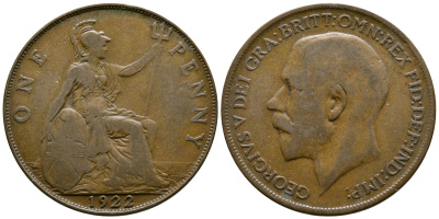 Великобритания 1 пенни 1922 Георг V (1910-1936) КМ 810, Spink 4051 бронза 37-433