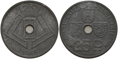Бельгия 25 сантимов 1946 Belgique - Belgie, Леопольд III (1934-1947), германская оккупация, Вторая мировая война KM 131 цинк 4157-514