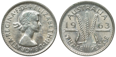 Австралия 3 пенса 1963 m, Елизавета II (1952-2022) KM 57 серебро 71-915