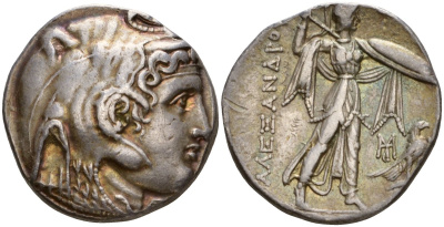 Государство Птолемеев тетрадрахма 312 - 301 гг. до н.э. Птолемей I Лагид, голова Александра Великого с рогом бога Аммона, в слоновьем скальпе/АЛЕКСАНДРА, Афина Алкидемос с копьем и щитом, справа орел, г. Александрия, 15,66 гр серебро 00-000-00