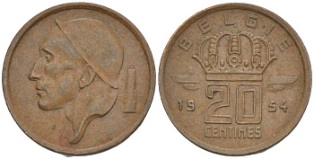 Бельгия 20 сантимов 1954 Belgie, Бодуэн I (1951-1993) KM 147.1 бронза 4528-913