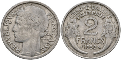 Франция 2 франка 1959 KM 886a алюминий 4187-1022
