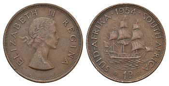 ЮАР 1 пенни 1954 Елизавета II (1952-2022), парусник KM 46 бронза 4123-1034