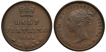 Великобритания 1/2 фартинга 1844 Виктория (1837-1901) KM 738, Spink 3951 медь 1523-1213