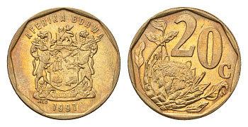 ЮАР 20 центов 1997 герб, цветок протея KM 162 сталь плакированная латунью UNC 4694-856