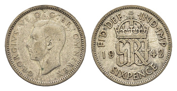 Великобритания 6 пенсов 1942 Георг VI (1936-1952) KM 852, Spink 4084 серебро 4644-1244