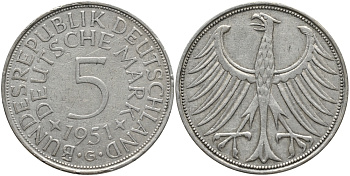 ФРГ 5 марок 1951 G KM 112.1, J. 387 серебро 1526-115