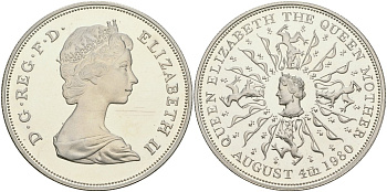 Великобритания 25 пенсов 1980 80 лет королеве Елизавете королеве-матери, Елизавета II (1952-2022)  KM 921а серебро PROOF 1080-8-31