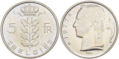 БЕЛЬГИЯ 5 ФРАНКОВ 1977 BELGIE, БОДУЭН I (1951-1993) KM 135.1 медно-никель 4364-1412