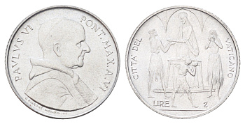 Ватикан 2 лиры 1968 MCMLXVIII, год-тип KM 101 алюминий UNC 4701-468