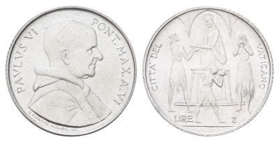 Ватикан 2 лиры 1968 MCMLXVIII, год-тип KM 101 алюминий UNC 4701-468