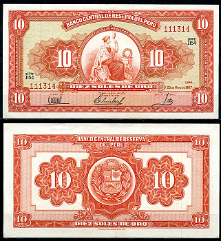 Перу 10 солей 1967 сидящая свобода, Thomas de la Rue Pick 84 a  бумага  аUNC 444-144-3-2