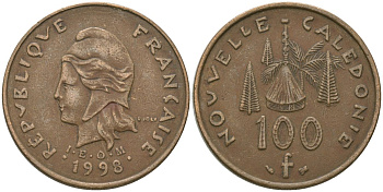 Французская Новая Каледония 100 франков 1998 хижина среди сосен и пальм, (IEOM) KM 15, Schoen 16, Lec 139b никель бронза 4680-1026