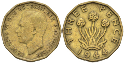 Великобритания 3 пенса 1944 Георг VI (1936-1952) KM 849, Spink 4112 никель латунь  4187-533