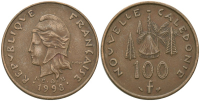 Французская Новая Каледония 100 франков 1998 хижина среди сосен и пальм, (IEOM) KM 15, Schoen 16, Lec 139b никель бронза 4680-1026