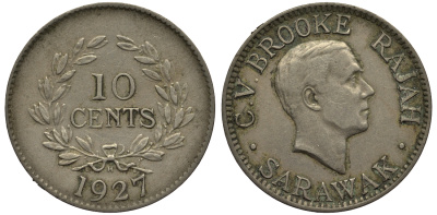 Саравак 10 центов 1927 Н, Третий Раджа Чарльз Вайнер Брук, Королевство Саравак (1846 - 1946) KM 16 медно-никель 4044-511