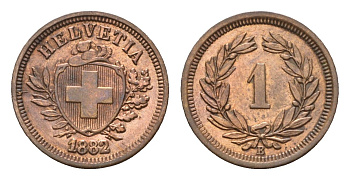 Швейцария 1 раппен 1882 B KM 3.1 бронза 1530-1211