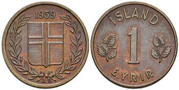 Исландия 1 эйре 1959 KM 8 бронза aUNC 4608-139