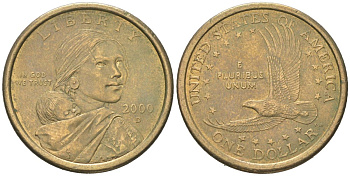 США 1 доллар 2000 D, индианка Сакагавея KM 310 медь с марганцево-латунным покрытием 183-326