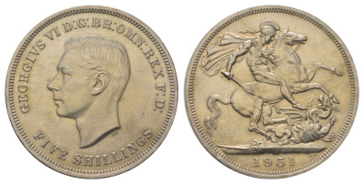 Великобритания 1 крона (5 шиллингов) 1951 Георг VI (1936-1952), фестиваль Британии, Георгий Победоносец KM 880, Spink 4111 медно-никель UNC 3897-933