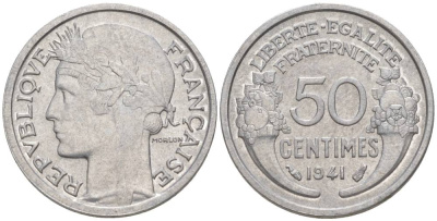 ФРАНЦИЯ 50 САНТИМОВ 1941 ТИП MORLON LOURDE KM 894.1a, LE FRANC 193.2 алюминий 44-329