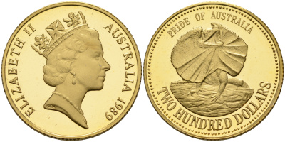 Австралия 200 долларов 1989 природа Австралии, плащеносная ящерица KM 116 золото 00-000-00