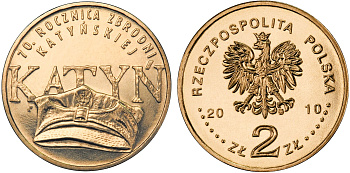 Польша 2 злотых 2010 MW, 70 лет со дня Катынского расстрела KM 721 нордик UNC 4676-714