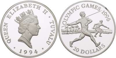 Тувалу 20 долларов 1994 Олимпийские игры 1996 года, копьеметатель KM 25 серебро PROOF 11-101-44