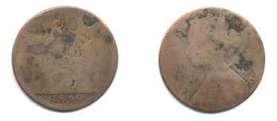 Великобритания 1 пенни 1860 Виктория (1837-1901) KM 749.2, Spink 3954 бронза 4379-132