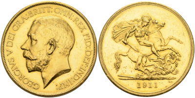 Великобритания 5 фунтов 1911 Георг V (1910-1936) КМ 822, Spink 3994 золото 00-000-00