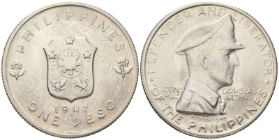 Филиппины 1 песо 1947 Генерал Дуглас Макартур KM 185 серебро aUNC 1530-825