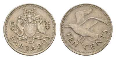 Барбадос 10 центов 1973 смеющаяся (Ацтекская) чайка KM 12 медно-никель 4644-611