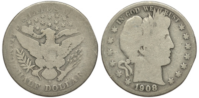 США 1/2 доллара (50 центов) 1908 S, барбер, Barber KM 116 серебро 413-142