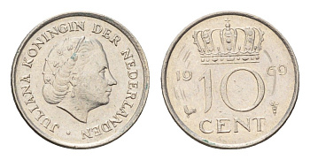 Нидерланды 10 центов 1969 Юлиана (1948-1980) KM 182 никель 4685-1165
