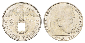 Германия 2 рейхсмарки 1938 E, Пауль фон Гинденбург (1847-1934) KM 93, J. 366 серебро aUNC 633-811