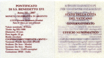 Ватикан 10 евро 2007 Бенедикт XVI, Всемирный день миссионера, в оригинальной коробке, с сертификатом KM 401 серебро PROOF 7-1-42