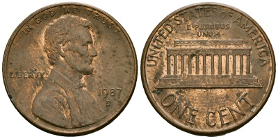 США 1 цент 1987 D, Линкольн KM 201b цинк плакированный медью 4136-331
