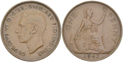 Великобритания 1 пенни 1947 Георг VI (1936-1952) КМ 845, Spink 4114 бронза 180-1225